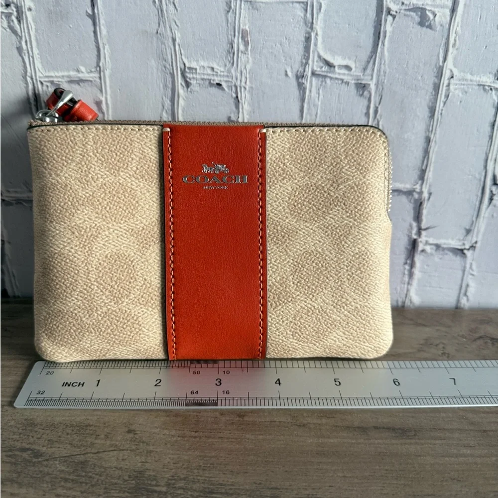 NWT Coach Corner Zip Wristlet Canvas With Stripe orange/silver small pouch CW854